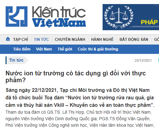 [Báo Kientrucvietnam.org.vn] Nước ion từ trường có tác dụng gì đối với thực phẩm?